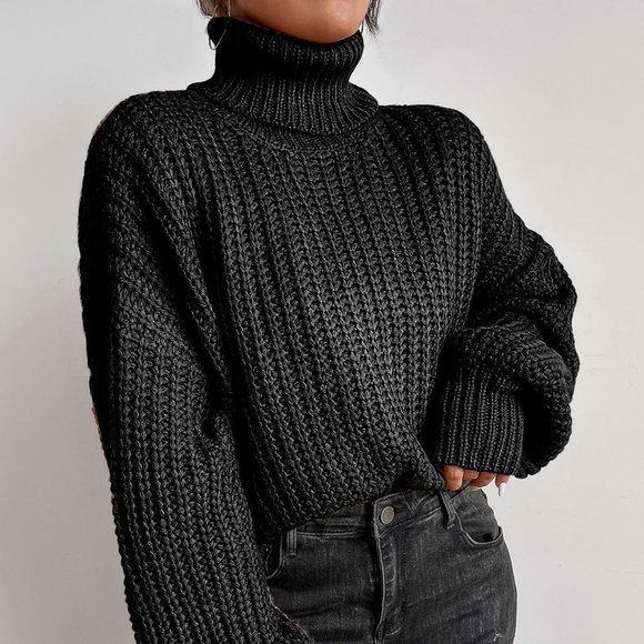 Black Casual Womens Turtleneck Drop Shoulder Ribbed Knit Sweater - Picture 2 of 5